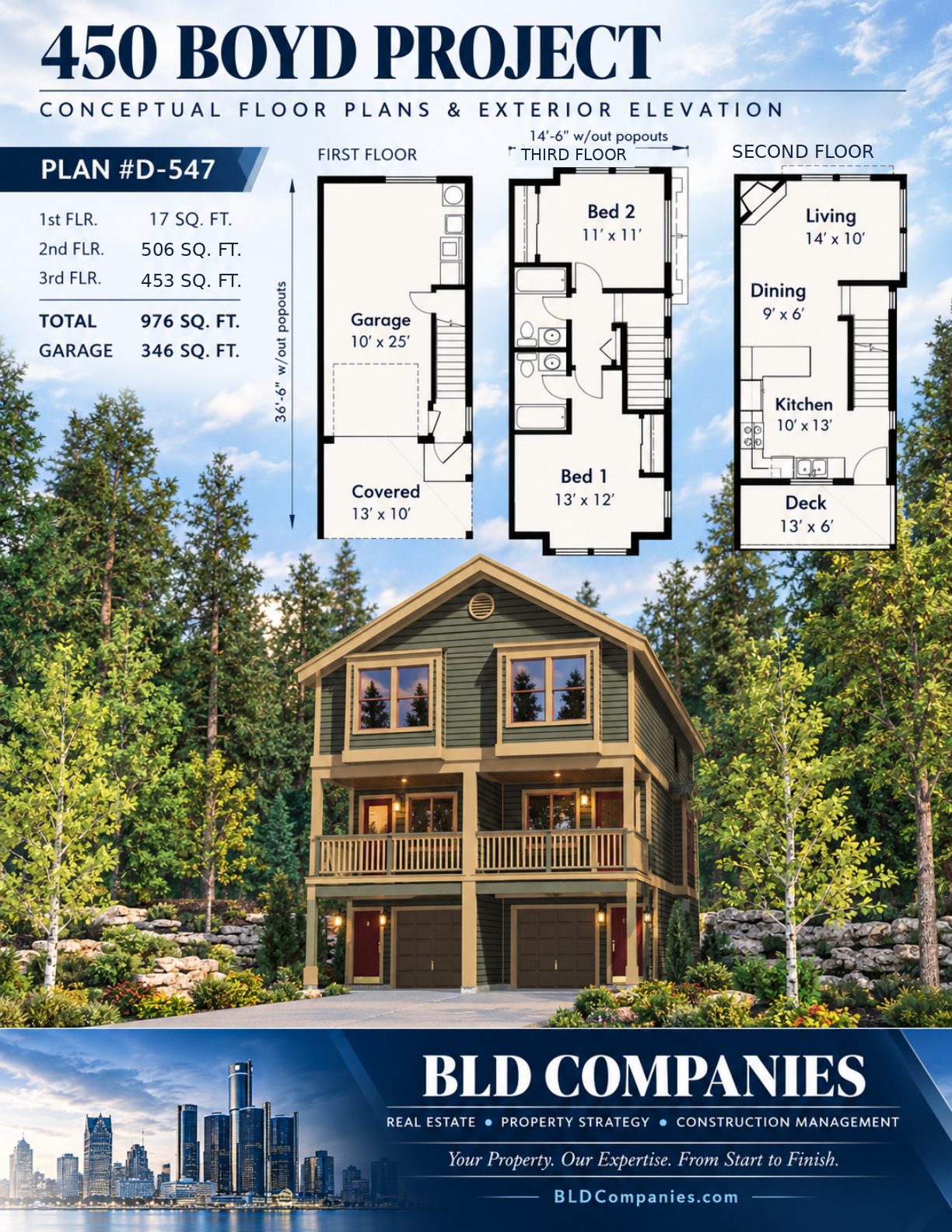 Conceptual 450 Boyd duplex building elevation and preliminary first, second and third floor plan board