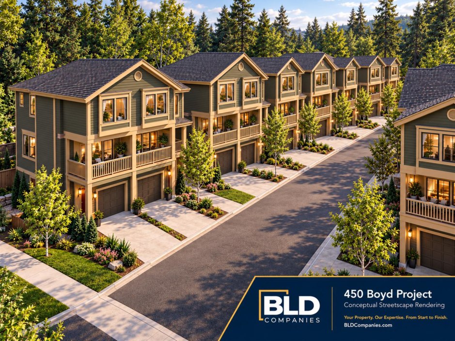 Conceptual streetscape illustration showing the general appearance of townhome-style buildings, landscaping and internal roadway
