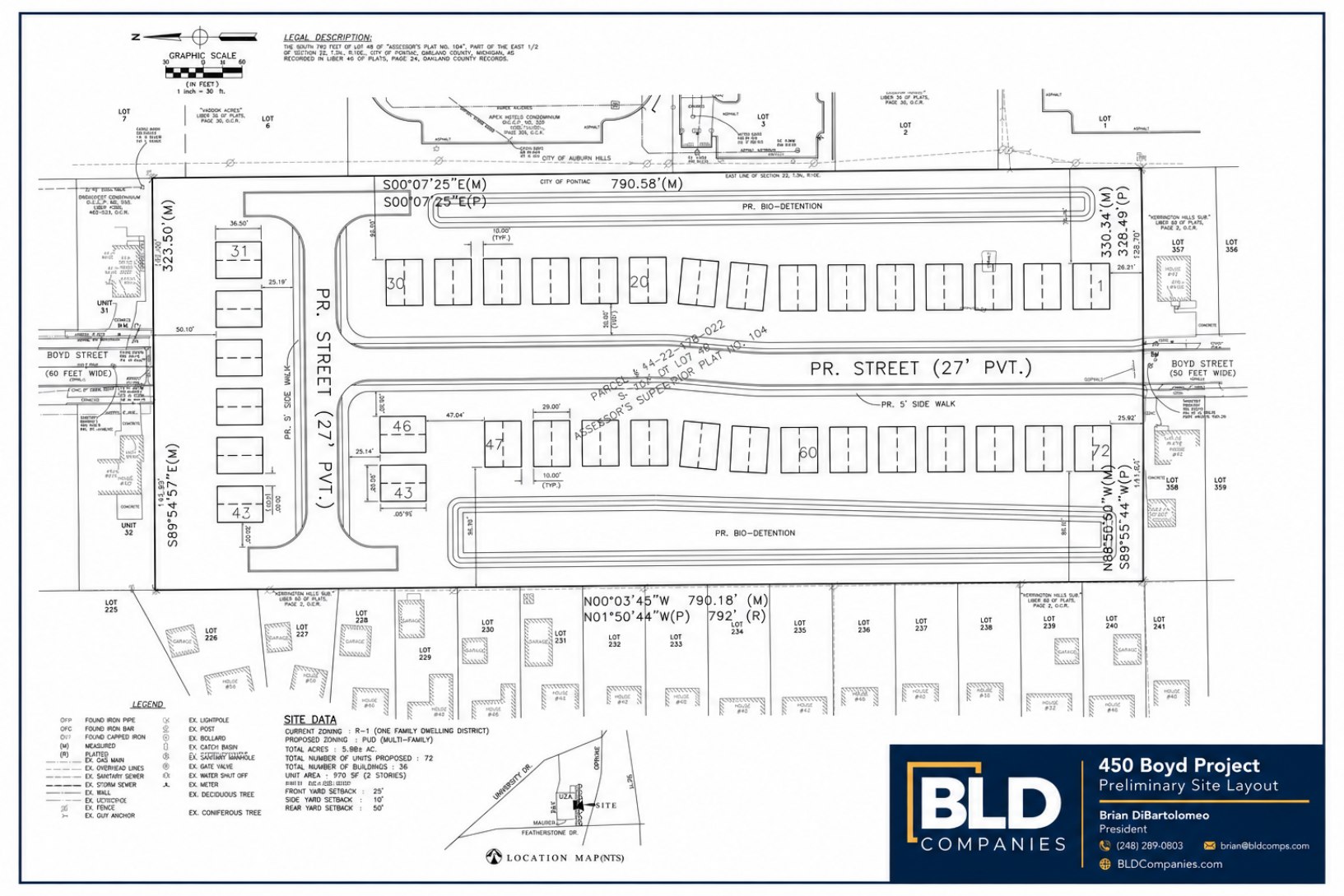 Preliminary site layout for the 450 Boyd proposal, showing separate duplex building footprints, proposed access roads, and preliminary stormwater areas