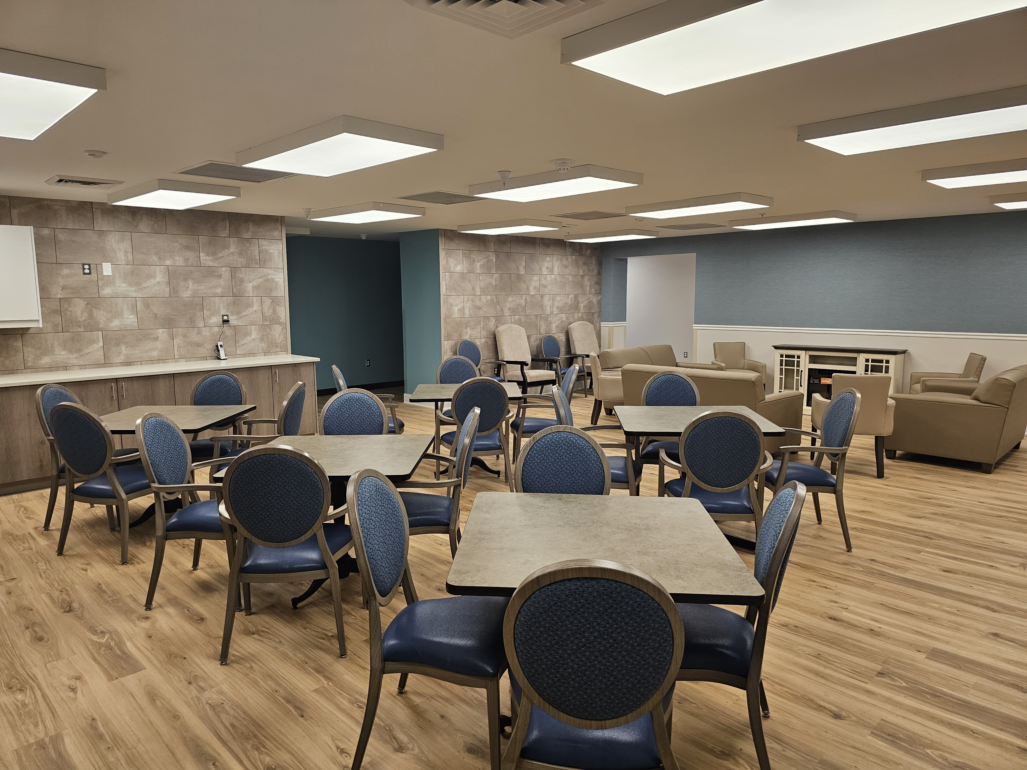 Completed interior dining and gathering space at Hidden Harbors